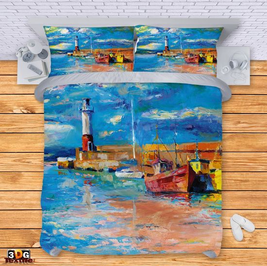 Спален сет с 3D дигитален дизайн - Морски фар и лодки маслени - Lighthouse and Boats