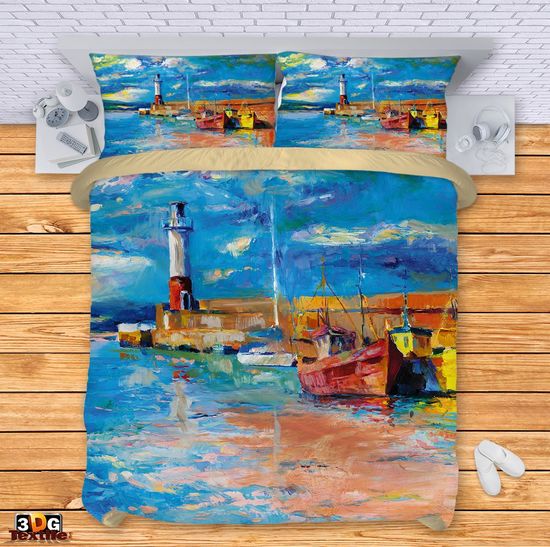 Спален сет с 3D дигитален дизайн -  Морски фар и лодки маслени - Lighthouse and Boats 1