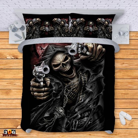 Комплект чаршафи с 3D дигитален дизайн - Скелет с пистолети - Skull with guns