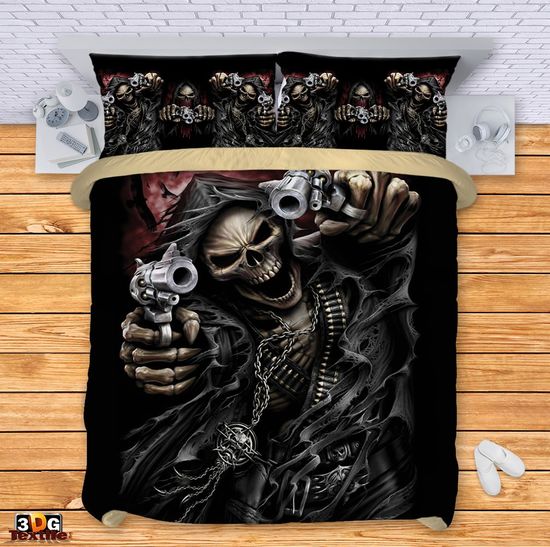 Комплект чаршафи с 3D дигитален дизайн -  Скелет с пистолети - Skull with guns 1