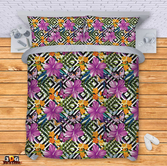 Комплект чаршафи с 3D дигитален дизайн - Цветя с пеперуди - Flower pattern