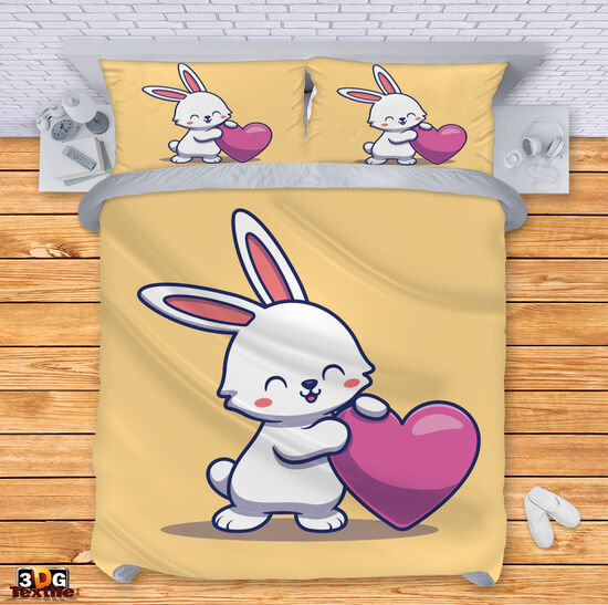 Спален комплект с 3D дигитален дизайн - Заек със сърце - Rabbit heart