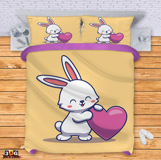 Спален комплект с 3D дигитален дизайн -  Заек със сърце - Rabbit heart 1