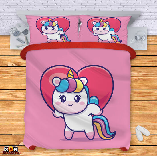 Модерен Комплект чаршафи с дигитален принт -  Еднорог сърце - Herth unicorn 1