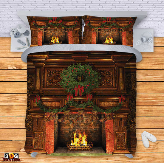 Комплект чаршафи с 3D дигитален дизайн - Коледна камина - Christmas fireplace