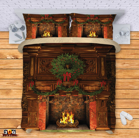 Комплект чаршафи с 3D дигитален дизайн -  Коледна камина - Christmas fireplace 3