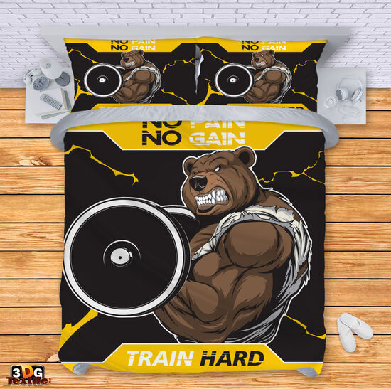 Сет чаршафи с 3D дигитален принт - Без болка няма победа Мечка - No pain no gain Bear