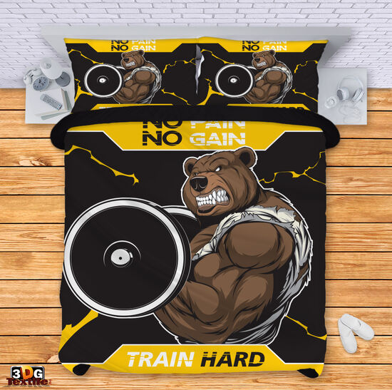 Сет чаршафи с 3D дигитален принт -  Без болка няма победа Мечка - No pain no gain Bear 2