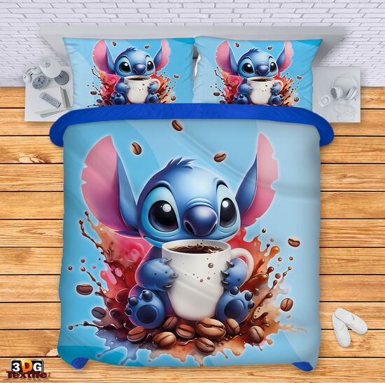 Сет чаршафи с дигитален принт -  Стич Кафе син - Stitch Coffee blue 2