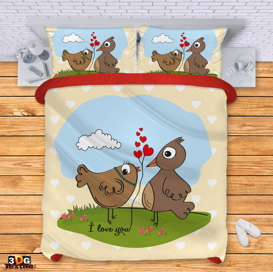 Спално бельо с 3D дигитален дизайн - Влюбени пиленца 1